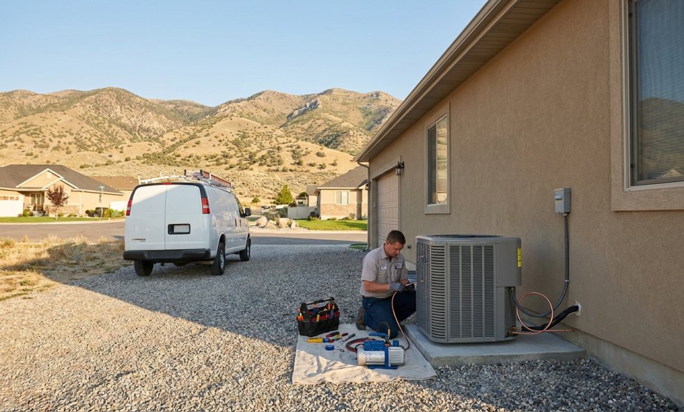 Technician installing a residential AC unit beside a home in Tooele, Utah