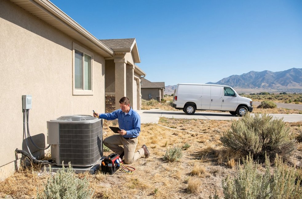 HVAC technician inspecting an outdoor AC unit beside a home in a Tooele, Utah neighborhood