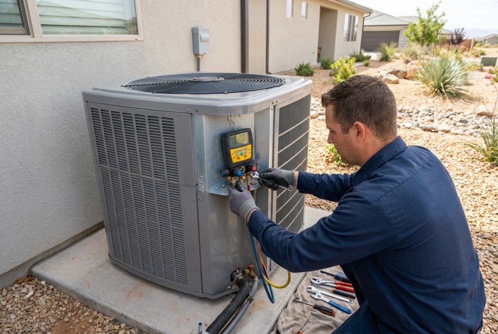Technician servicing an outdoor residential AC unit beside a Utah home