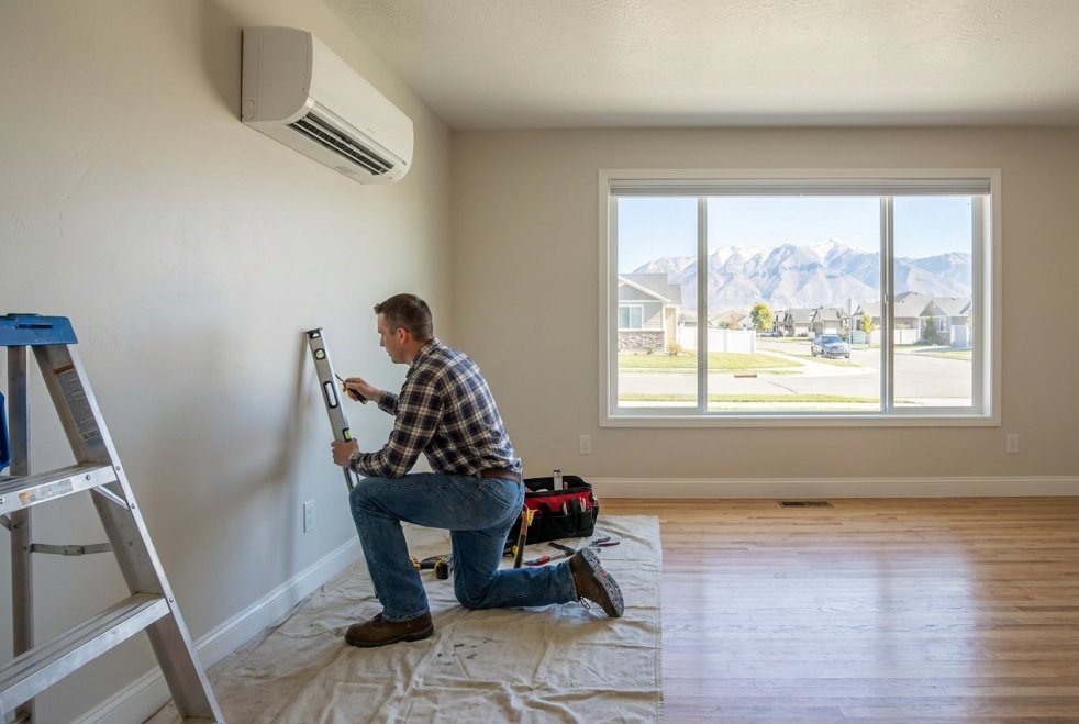 Technician installing a ductless mini split in a bright home interior with a wall-mounted unit