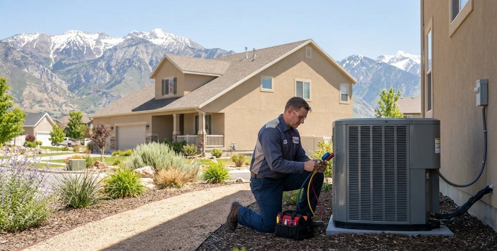 HVAC technician servicing an outdoor AC unit beside a suburban Salt Lake City home with mountain views
